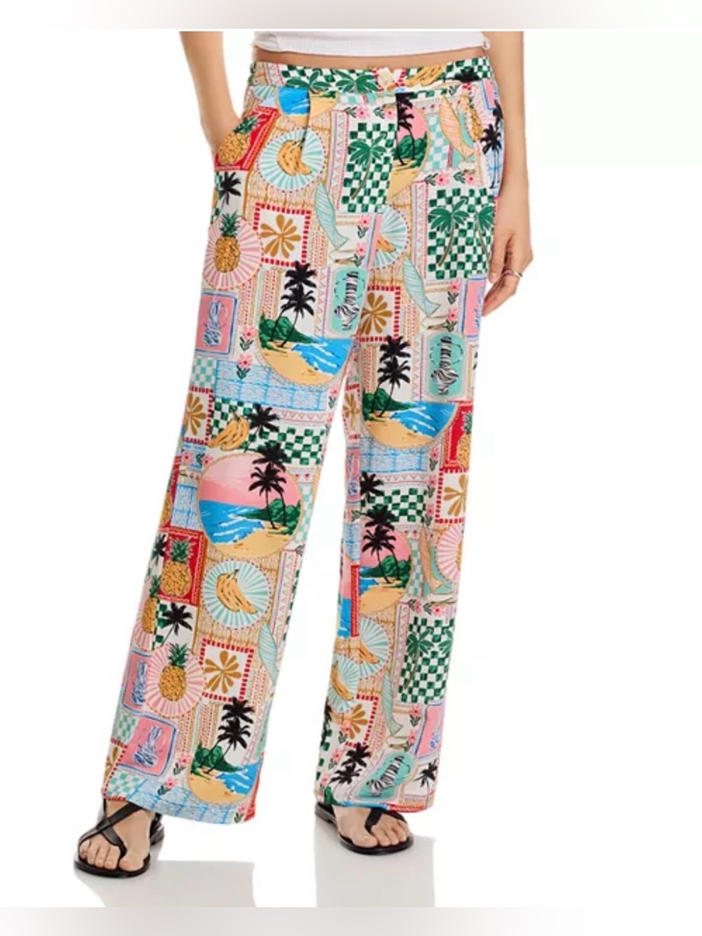 Gibson Latimer Multi-Color Tropical Print Wide-Leg Pants Size XS